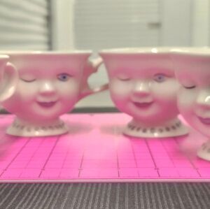 Vintage Helen Hunt Signed Collectible Winking Girl Bailey's 4 pc Set of Teacups